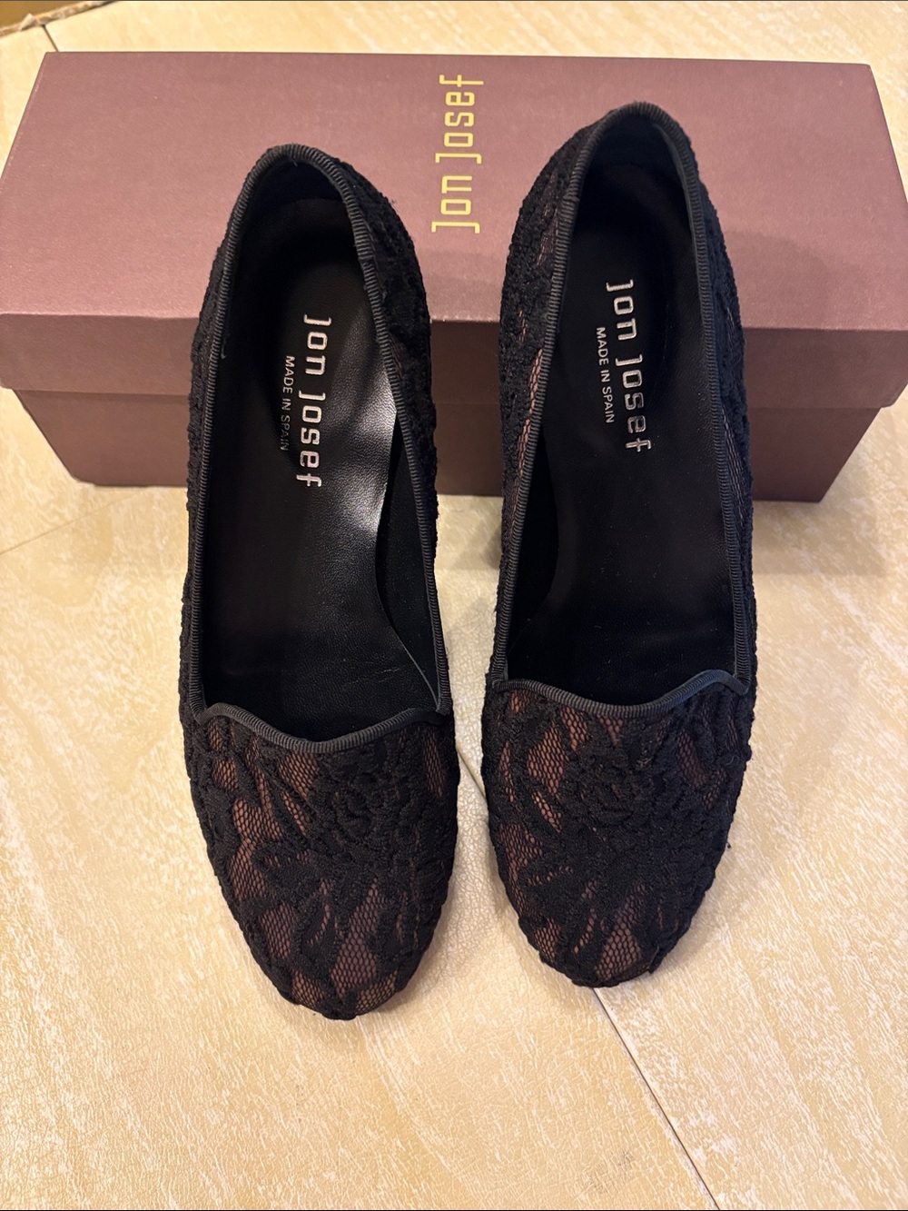 New in box Jon Josef black lace flats